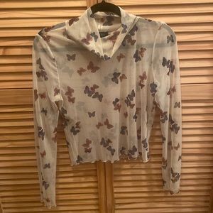 Sheer butterfly mock neck top size large